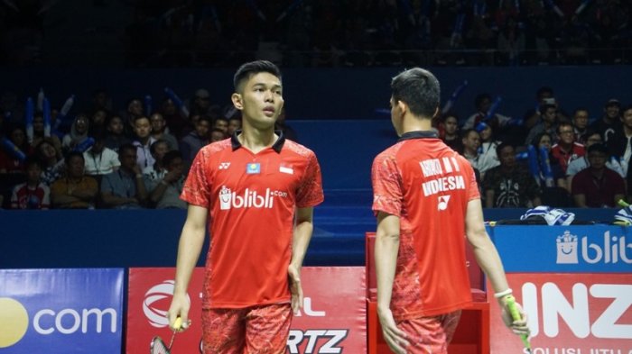 Pebulu tangkis ganda putra Indonesia, Fajar Alfian/Muhammad Rian Ardianto saat dalam pertandingan kontra Kevin Sanjaya Sukamuljo/Marcus Fernaldi Gideon di babak semifinal Blibli Indonesia Open 2018, Sabtu (7/7/2018).
