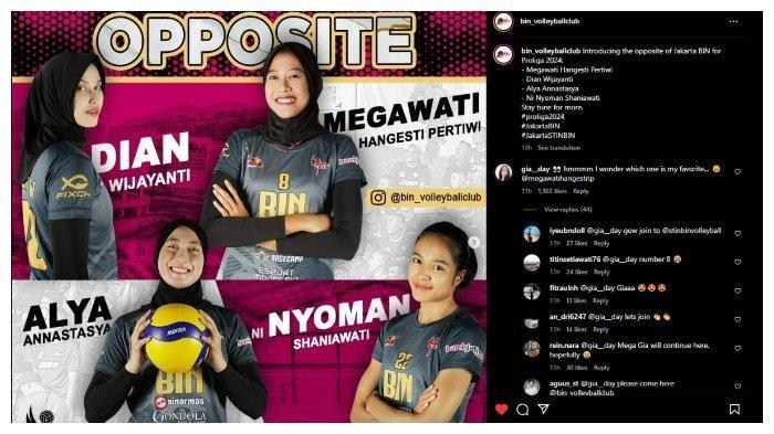 Giovanna Milana alias Gia meninggalkan komentar bernada bingung harus pilih yang mana saat Jakarta BIN mengumumkan Megawati Hangestri Pertiwi sebagai pemain baru di Proliga 2024.