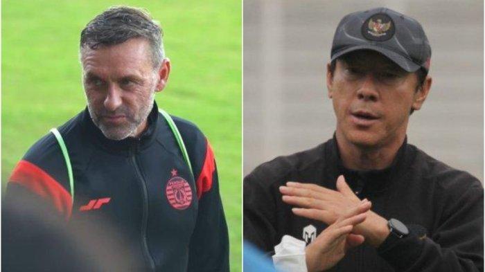 Pelatih Persija Jakarta Thomas Doll (kiri) menyampaikan permintaan maaf atas kritik kepada pelatih Timnas Indonesia Shin Tae-yong (kanan) yang disertai penyebutan badut.