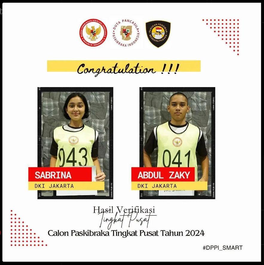 Sabrina Roihanah Syukriyyah Thallah (kiri) dan Abdul Zaky Hutera calon Paskibraka Tingkat Pusat 2024 perwakilan Jakarta