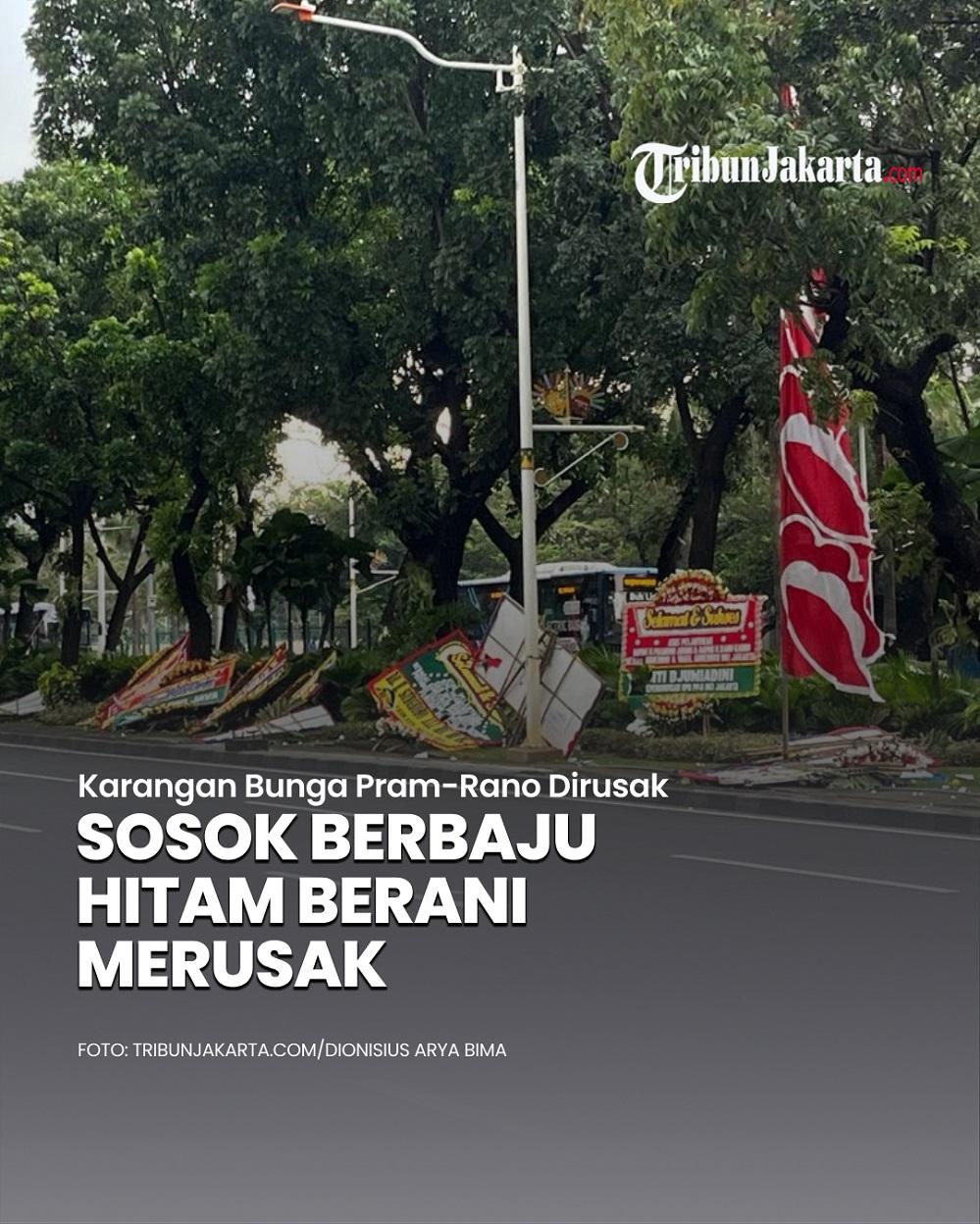 Karangan bunga ucapan selamat untuk Gubernur dan Wakil Gubernur Jakarta, Pramono Anung-Rano Karno dirusak sekelompok orang tak dikenal, pada Jumat (21/2/2025). Papan bunga dirusak oleh sekelompok orang yang menggunakan baju hitam.