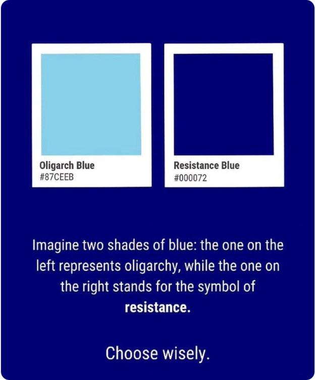 Perbandingan warna biru oligarki dengan biru resistan