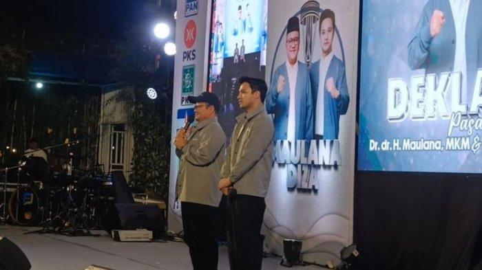 Penyampaian visi, misi dan program kerja Maulana-Diza pada puncak acara usai Deklarasi dukungan dari partai politik pendukung di EV Garden, Selasa (31/7/2024) malam.