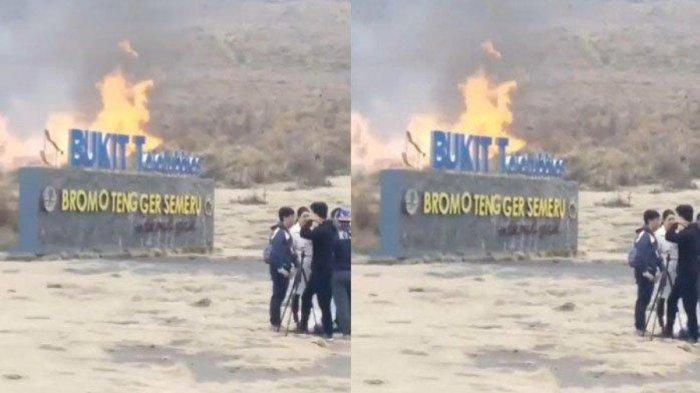 Video yang menunjukkan Bukit Teletubbies Bromo kebakaran. Diduga ulah pasangan yang lakukan prewedding.