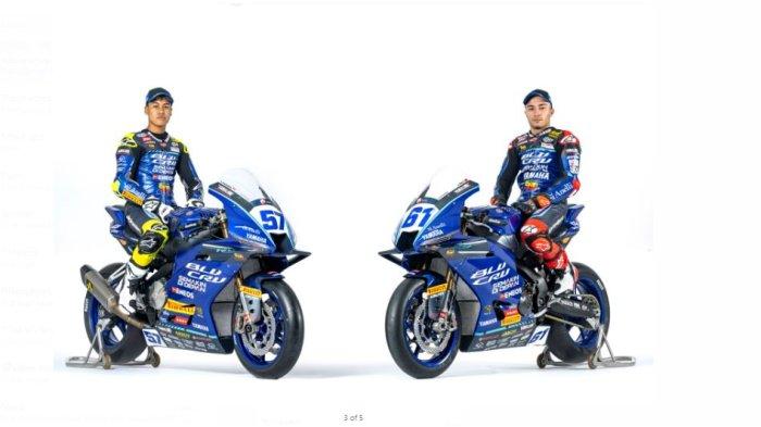 BALAP MOTOR - Pebalap Yamaha Aldi Satya Mahendra dan rekan setimnya yaitu Can Oncu tampil perdana berseragam official menggunakan wearpack dominan berwarna biru dengan sentuhan kuning, siap tampil di kompetisi World Supersport 2025