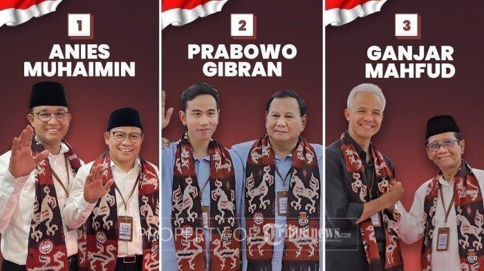 Paslon nomor urut satu, Anies Baswedan-Muhaimin Iskandar (Cak Imin); nomor dua, Prabowo Subianto-Gibran Rakabuming Raka; dan nomor tiga, Ganjar Pranowo-Mahfud MD.