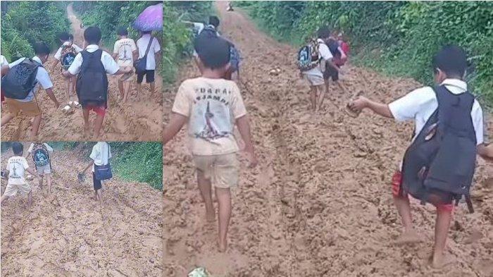 Anak-anak lewati jalan rusak di Tanah Sepenggal, Bungo, Jambi