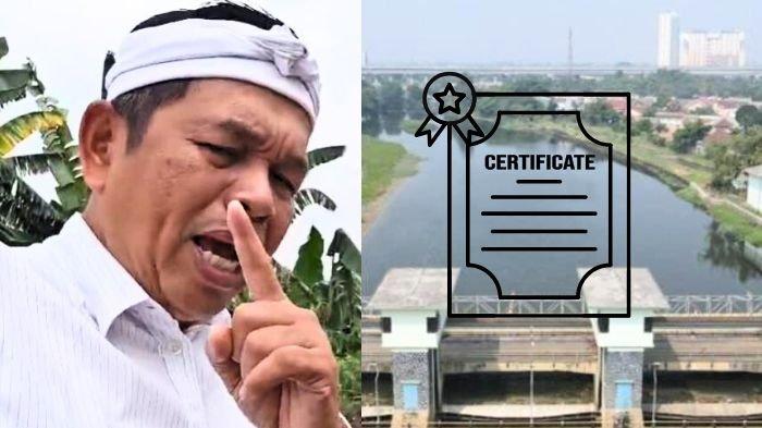SUNGAI BERSERTIFIKAT - Gubernur Jawa Barat, Dedi Mulyadi saat meninjau sungadi di Bekasi (kiri). Dedi Mulyadi syok saat melakukan penanganan banjir di Bekasi menemukan ada daerah sungai yang jadi hak milik perorangan atau bersertifikat. (Kolase TikTok @dedimulyadiofficial dan Kompas.com)