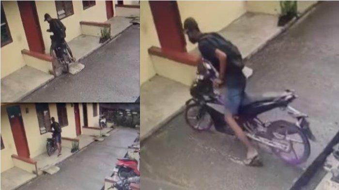 TEREKAM CCTV- Seorang remaja yang disebut bujang buntu dengan santai mencuri sepeda motor yang parkir di depan kosan pada siang bolong terekam CCTV. Dia beraksi tampak tak sendiri.(sumber: instagram)
