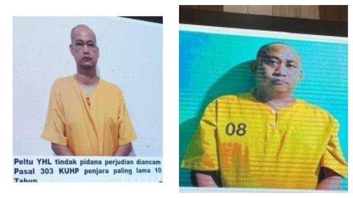 PELAKU PENEMBAKAN DAN JUDI - Tampang Peltu Lubis (kiri) dan Kopka Basarsyah (kanan) saat ditampilkan dalam konferensi pers di Mapolda Lampung pada Selasa (25/3/2025) kemarin. Mereka resmi ditetapkan menjadi tersangka. Adapun Peltu Lubis ditetapkan menjadi tersangka judi sabung ayam, sedangkan Kopka Basaryah tersangka pembunuhan dan kepemilikan senjata.
