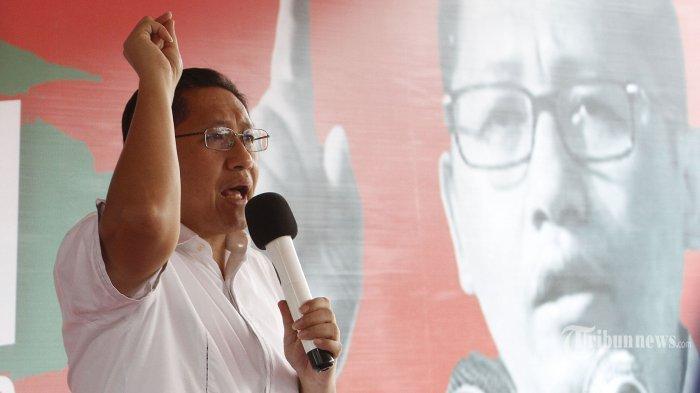 Ketua Partai Kebangkitan Nusantara (PKN) Anas Urbaningrum saat menyampaikan Pidato di kawasan Silang Monas, Jakarta Pusat, Sabtu (15/7/2023).