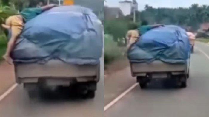 GAGAL LOMPAT: Pelaku yang sudah beraksi di atas mobil L300 itu tak bisa kabur karena mobil terus berjalan dengan kecepatan tinggi. Videonya viral seperti diposting @kabarkampungkito_djb, Jumat (31/1/2025)