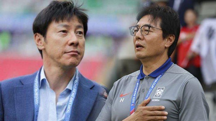 Pelatih Timnas U23 Indonesia, Shin Tae-yong (kiri) dan Pelatih Timnas U-23 Korea Selatan, Hwang Seon-hong.