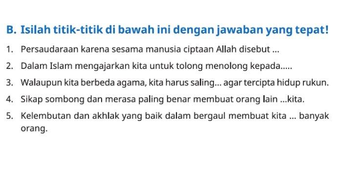 Berikut ini kunci jawaban PAI untuk SD Kelas 5 Buku Pendidikan Agama Islam dan Budi Pekerti Kurikulum Merdeka Semester 2 Soal Uraian Singkat Halaman 203 BAB 8