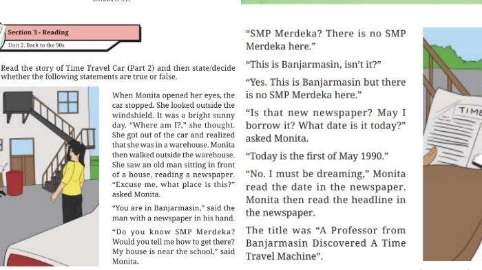 Teks cerita 'Time Travel Car Part 2' untuk SMP Kelas 9 Buku English For Nusantara Kurikulum Merdeka Halaman 175 poin c atau Worksheet 3.13 Section 3 Reading, Unit 2. Back to the 90s pada Chapter 3 Journeys to the Fantasy Worlds.