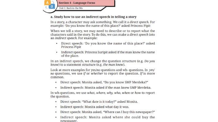 Materi 'direct/indirect speech' untuk kunci jawaban Bahasa Inggris SMP Kelas 9 Buku English For Nusantara Kurikulum Merdeka Halaman 176-177 poin b atau Worksheet 3.14 Section 4 Language Focus, Unit 2. Back to the 90s pada Chapter 3 Journeys to the Fantasy Worlds.