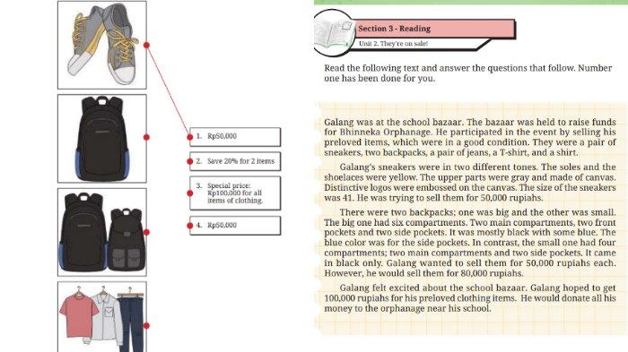 Berikut kunci jawaban Bahasa Inggris untuk SMP Kelas 9 Buku English For Nusantara Kurikulum Merdeka Halaman 236 Worksheet 4.13 Section 3 Reading, Unit 2. They're on Sale! pada Chapter 4 Upcycling Used Materials.