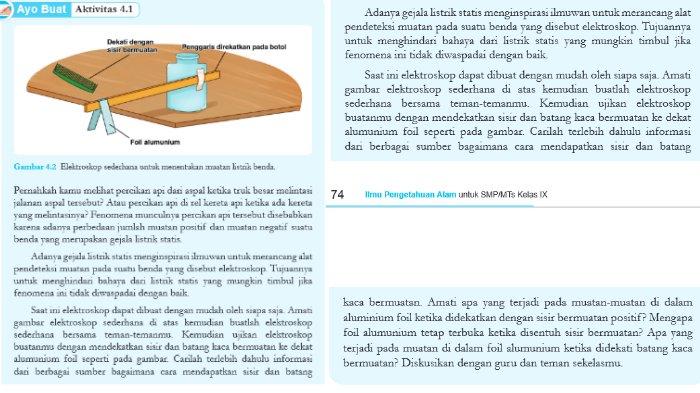 Gambar soal untuk kunci jawaban Ilmu Pengetahuan Alam (IPA) Kelas IX (9) SMP/MTs Kurikulum Merdeka Semester 1: Aktivitas 4.1 halaman 74-75 Bab 4 Listrik, Magnet, dan Sumber Energi Alternatif.