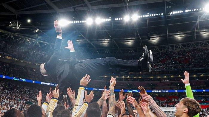 Pemain Real Madrid selebrasi usai kemenangan Liga Champions ke-15, kalahkan Borussia Dortmund di final, Minggu (2/6/2024) dini hari WIB