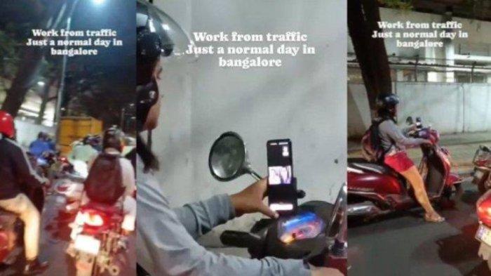 Viral di sosial media seorang wanita nekat ikut rapat online sambil berkendara motor.