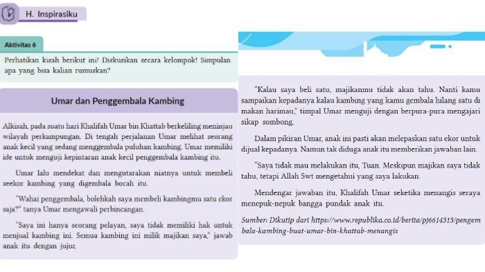 Gambar soal untuk kunci jawaban Pendidikan Agama Islam (PAI) Kelas VIII (8) SMP Kurikulum Merdeka bagian Aktivitas 6 halaman 73 dalam Bab 3 Menjadi Pribadi Berintegritas dengan Sifat Amanah dan Jujur.