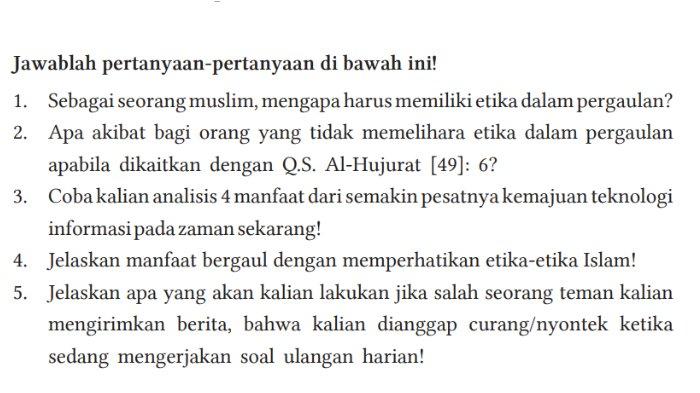 Gambar soal untuk kunci jawaban Pendidikan Agama Islam dan Budi Pekerti (PAI) Kelas IX (9) SMP/MTs Kurikulum Merdeka bagian Mari Berlatih Bab 3 Indahnya Etika Pergaulan dan Komunikasi Islami halaman 82-85.