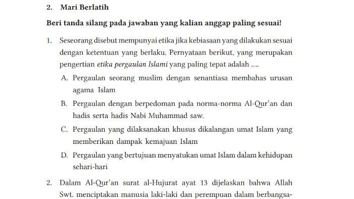 Gambar soal untuk kunci jawaban Pendidikan Agama Islam dan Budi Pekerti (PAI) Kelas IX (9) SMP/MTs Kurikulum Merdeka bagian Mari Berlatih Bab 3 Indahnya Etika Pergaulan dan Komunikasi Islami halaman 82-85.