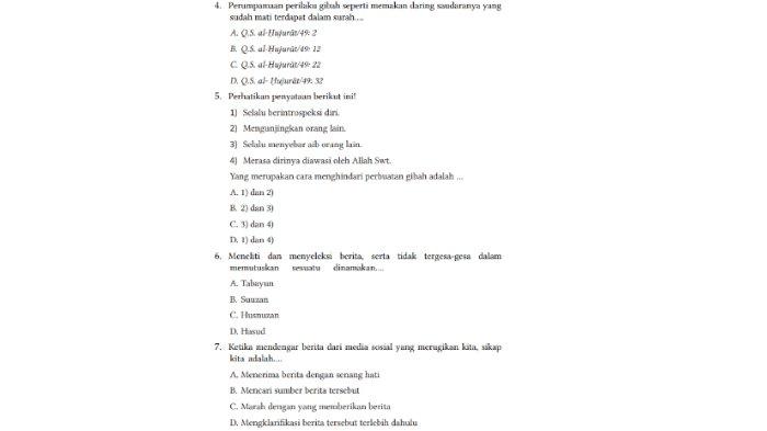 Berikut adalah kunci jawaban PAI untuk SMP Kelas 7 Buku Pendidikan Agama Islam dan Budi Pekerti Kurikulum Merdeka Halaman 191 Bagian I Soal Pilihan Ganda Rajin Berlatih nomor 4-7.