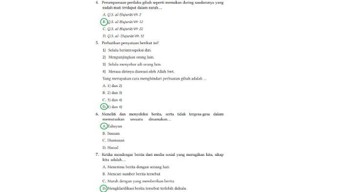 Kunci jawaban PAI untuk SMP Kelas 7 Buku Pendidikan Agama Islam dan Budi Pekerti Kurikulum Merdeka Halaman 191 Bagian I Soal Pilihan Ganda Rajin Berlatih nomor 4-7.