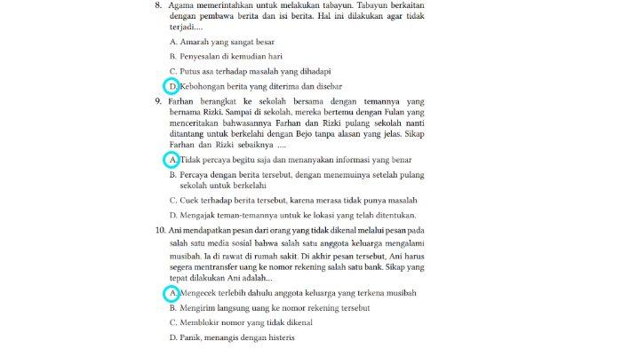 Kunci jawaban PAI untuk SMP Kelas 7 Buku Pendidikan Agama Islam dan Budi Pekerti Kurikulum Merdeka Halaman 192 Bagian I Soal Pilihan Ganda Rajin Berlatih nomor 8-10.
