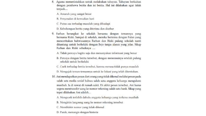 Berikut kunci jawaban PAI untuk SMP Kelas 7 Buku Pendidikan Agama Islam dan Budi Pekerti Kurikulum Merdeka Halaman 192 Bagian I Soal Pilihan Ganda Rajin Berlatih nomor 8-10.
