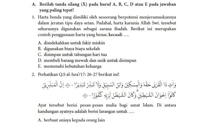 Gambar soal untuk kunci jawaban Pendidikan Agama Islam dan Budi Pekerti (PAI) Kelas X (10) SMA/SMK Kurikulum Merdeka Semester 1 bagian A. soal pilihan ganda (pilgan) Penilaian Pengetahuan halaman 80-83 Bab 3 Menjalin Hidup Penuh Manfaat dengan Menghindari Berfoya-foya, Riya', Sum'ah, Takabur, dan Hasad.