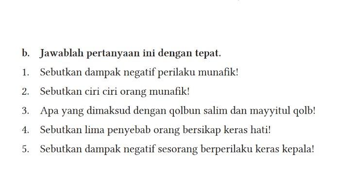 Gambar soal untuk kunci jawaban Pendidikan Agama Islam dan Budi Pekerti (PAI) Kelas XII (12) SMA/SMK/MA Kurikulum Merdeka semester 1 bagian b. 5 soal esai Penilaian Pengetahuan Bab 3 Munafik dan Keras Hati Tak Akan Pernah Maju halaman 100.
