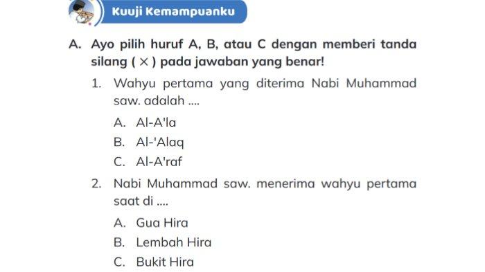 Gambar soal untuk kunci jawaban Pendidikan Agama Islam (PAI) Kelas III (3) SD/MI Kurikulum Merdeka Semester 1: Bagian A. Kuuji Kemampuanku halaman 22-23 Bab 1 Asyiknya Belajar Surah Al-'Alaq.