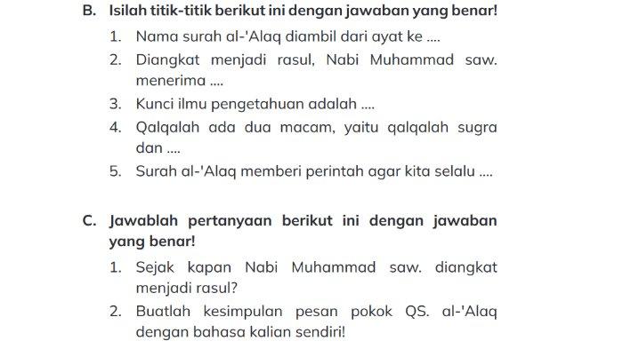 Gambar soal untuk kunci jawaban Pendidikan Agama Islam (PAI) Kelas III (3) SD/MI Kurikulum Merdeka Semester 1 bagian soal esai B. dan C. Kuuji Kemampuanku halaman 24 Bab 1 Asyiknya Belajar Surah Al-'Alaq.