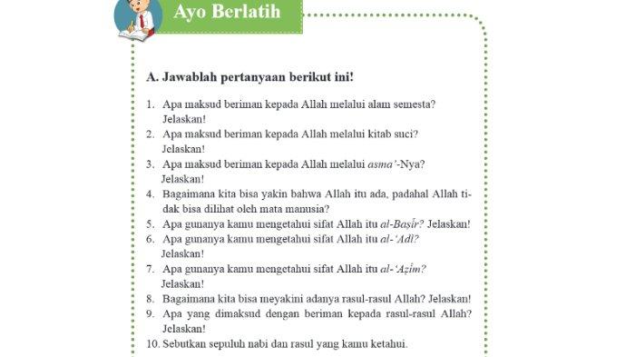 Gambar soal untuk kunci jawaban Pendidikan Agama Islam (PAI) Kelas IV (4) SD/MI Kurikulum 2013 semester 1 Bagian A. Ayo Berlatih Bab 2 Berima kepada Allah dan Rasul-Nya halaman 21.