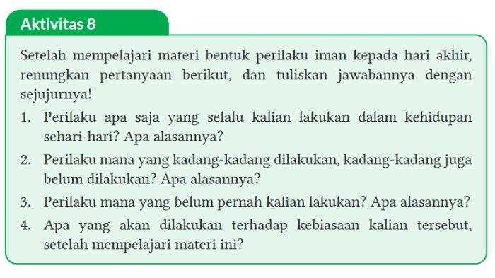 Gambar soal untuk kunci jawaban Pendidikan Agama Islam (PAI) Kelas IX (9) SMP/MTs Kurikulum Merdeka bagian Aktivitas 8 halaman 49 Bab 2 Meyakini Hari Akhir dengan Mawas Diri.