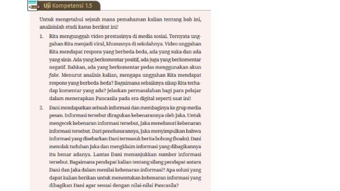 Gambar soal untuk kunci jawaban Pendidikan Pancasila atau Pendidikan Kewarganegaraan (PKN) kelas 10 SMA/MA/SMK/MAK Kurikulum Merdeka Semester 1 bagian bagian Uji Kompetensi 1.5 Bab 1 Pancasila sebagai Pemersatu Bangsa halaman 53.