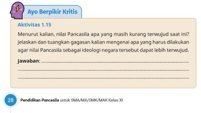 Gambar soal untuk kunci jawaban Pendidikan Pancasila atau Pendidikan Kewarganegaraan (PKN) Kelas XI (11) SMA/MA/SMK/MAK Kurikulum Merdeka bagian Ayo Berpikir Kritis Aktivitas 1.15 halaman 28 pada Bab 1 Menjiwai Pancasila.