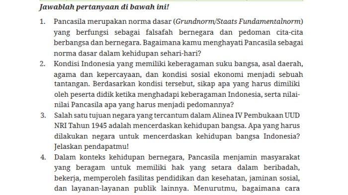 Gambar soal untuk kunci jawaban Pendidikan Pancasila atau Pendidikan Kewarganegaraan (PKN) Kelas IX (9) SMP/MTs Kurikulum Merdeka bagian Uji Kompetensi halaman 26-27 Bab 1 Hubungan Pancasila dengan Undang-Undang Dasar Negara Republik Indonesia Tahun 1945, Bhinneka Tunggal Ika, dan NKRI.