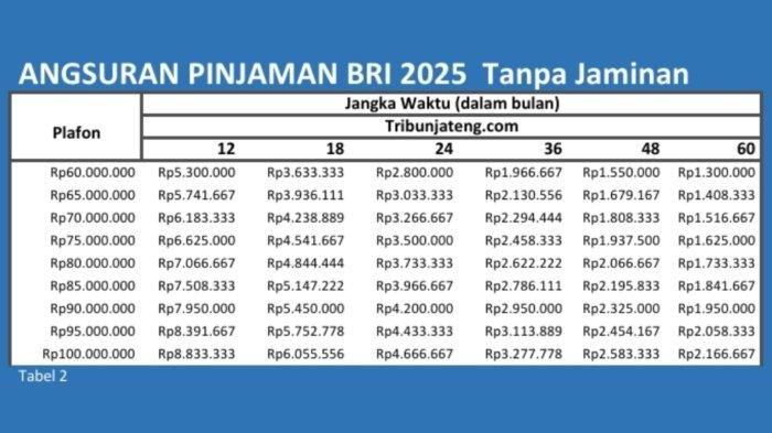 PINJAMAN BRI TANPA JAMINAN - Tabel angsuran BRI tanpa jaminan Rp 60 Juta - Rp 100 Juta
