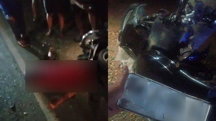 KECELAKAAN LALU LINTAS: Korban kecelakaan lalu lintas tergeletak di jalan aspal Desa Tajaupecah, Kabupaten Tanahlaut, Rabu (11/6/2025) malam. (Kanan) Beginilah kondisi kendaraan roda dua yang dikendarai korban, ringsek berat. (TRIBUNTANAHLAUT.COM/ISTIMEWA)