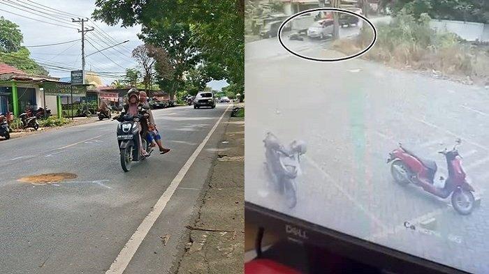 TERLINDAS MINIBUS: Lokasi kecelakaan di jalan Ahmad Yani, Desa Kersik Putih, Kecamatan Batulicin, Kabupaten Tanahbumbu, Kalimantan Selatan, sekitar jam 10.04 Wita. (Kanan) rekaman detik-detik korban terjatuh dari motor dan terlindas minibus. (BANJARMASINPOST.CO.ID/MUHAMMAD FIKRI)
