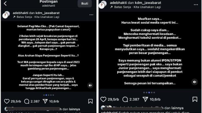 ADE BHAKTI : Tangkapan layar dari Instagram @adebhakti pada Jumat (4/7/2025) : Unggahan Ade Bhakti yang diduga menyindir Camat Gayamsari Eko Yuniarto