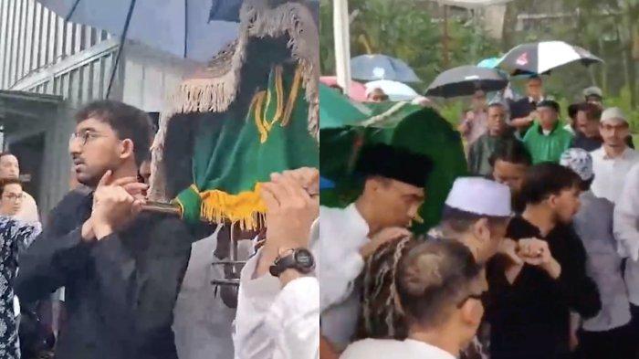 PEMAKAMAN IBRAHIM ASSEGAF - Di bawah hujan deras, Izzat Assegaf mengangkat keranda sang ayah, Ibrahim Assegaf.
