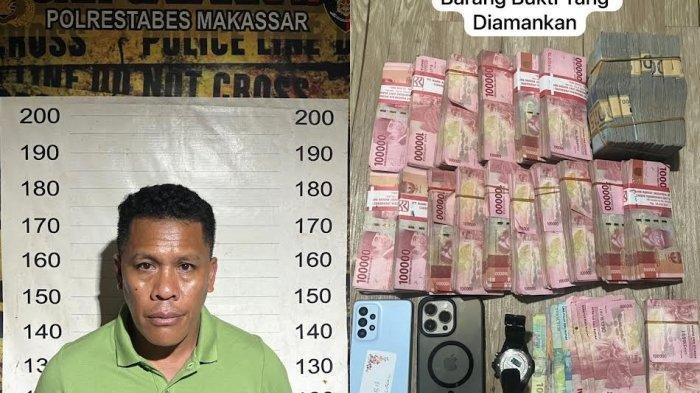 Aipda Junaidin serta arang bukti yang diamankan Tim Jatanras Polrestabes Makassar.