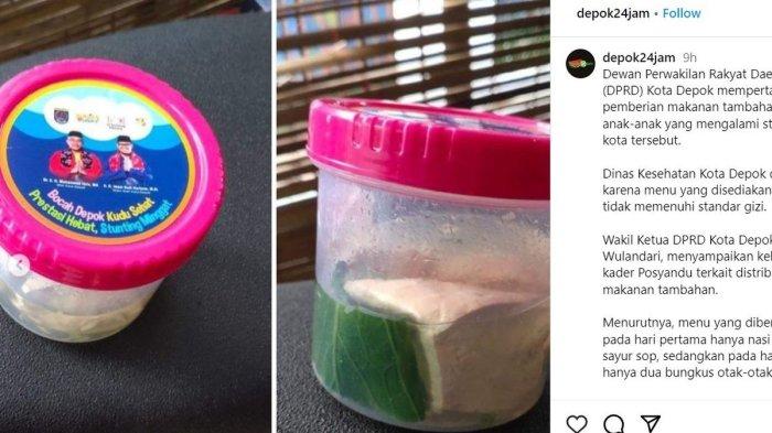 Foto viral menu makanan pencegah stunting dari Pemerintah Kota Depok cuma tahu putih dan sawi diberi kuah. (Tangkapan layar akun Instagram @depok24jam)