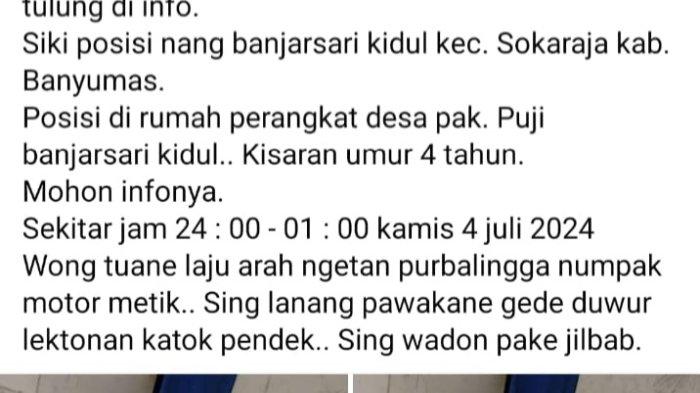 Unggahan tentang adanya balita berjenis kelamin laki-laki yang tergeletak di teras rumah warga Desa Banjarsari Kidul, Kecamatan Sokaraja, Kabupaten Banyumas, Kamis (4/7/2024). Informasi itu diunggahan dalam grup Facebook Banyumas Dalam Info.
