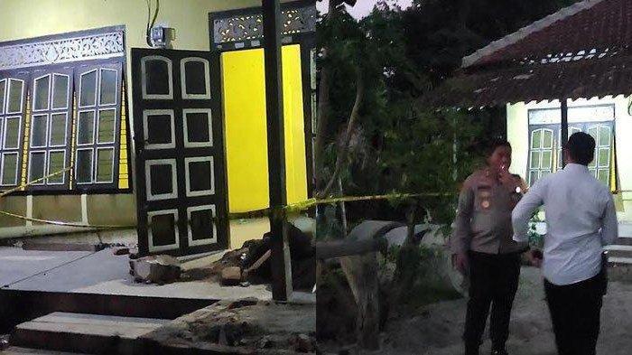 Garis polisi terpasang di lokasi temuan kerangka manusia yang terkubur di kamar rumah, Desa Bacem, Kecamatan Ponggok, Kabupaten Blitar, Selasa (21/11/2023).