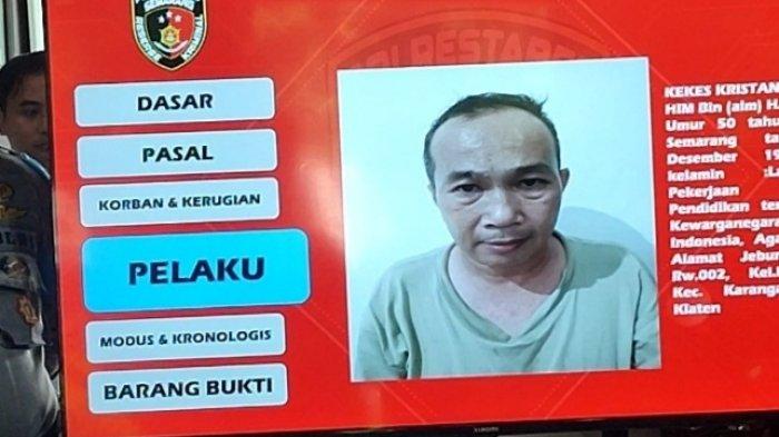 Kekes Kristanto (50) alias Go Him penipu ulung asal Klaten ini kembali berulah di Kota Semarang. Kali ini, ia menipu manula yang memiliki empat cincin berlian senilai Rp80 juta saat konferensi pers di Mapolrestabes Semarang, Kamis (29/2/2024).